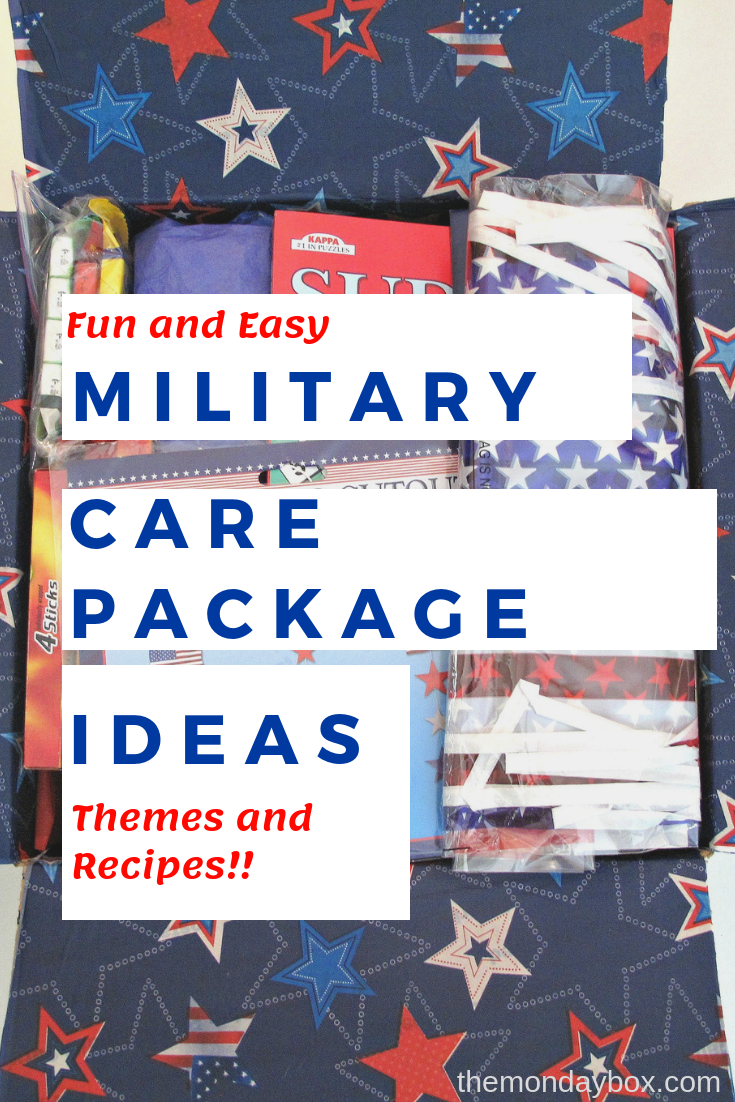 Red, white and blue decorated care package with text overlay