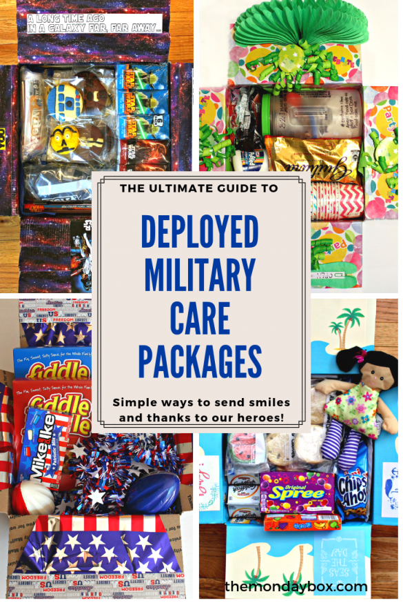 Four themed care package boxes with a Deplyed Military Care Packages banner
