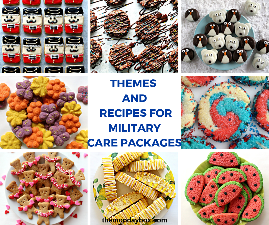 Photo collage of care package baked goods and text.