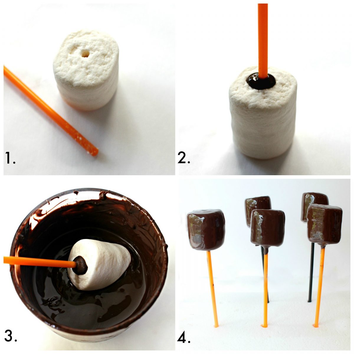 Instruction; make hole on marshmallow end, attach stick with chocolate, chocolate coat, allow chocolate to firm.