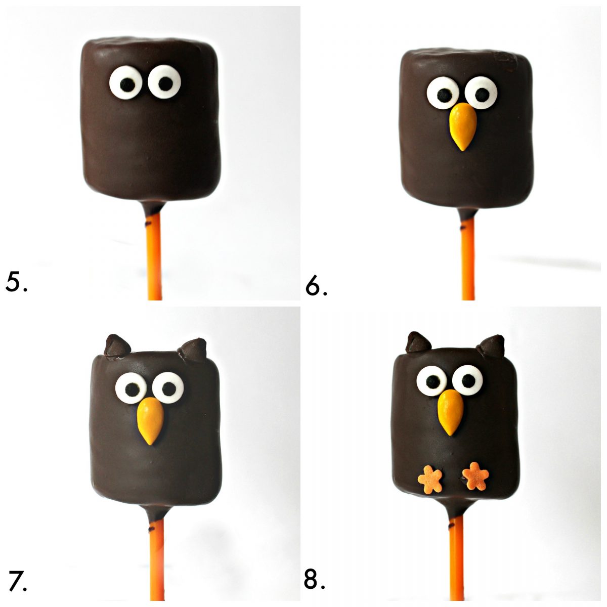 Adding the candy eyes and sprinkles that turn the chocolate covered marshmallow into an owl.