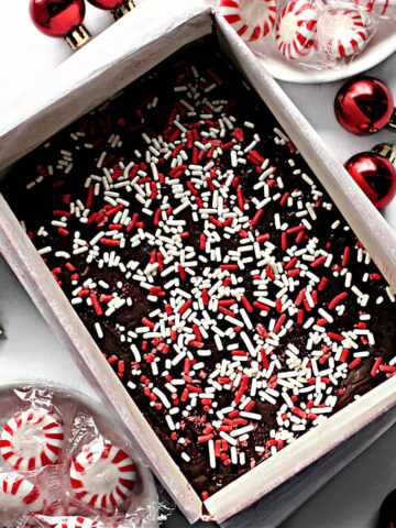 Tin filled with fudge sprinkled with crushed peppermint candy.