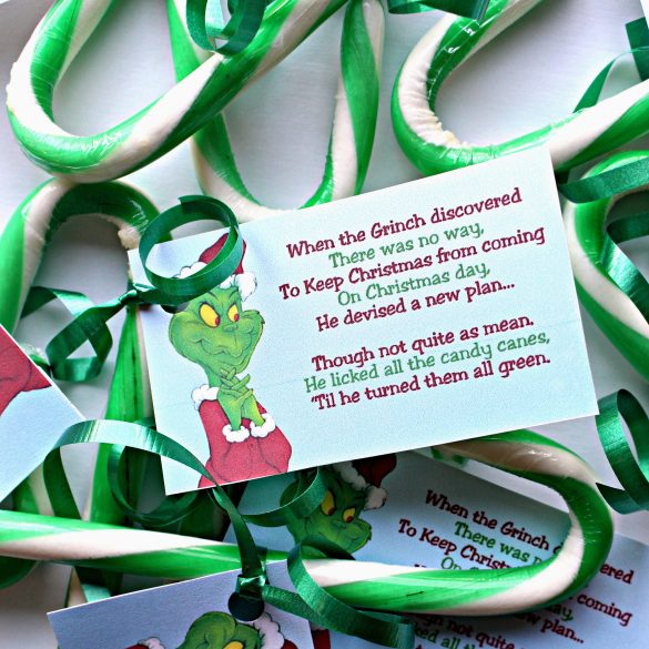 Green candy canes with a tag describing how the Grinch licked them green.