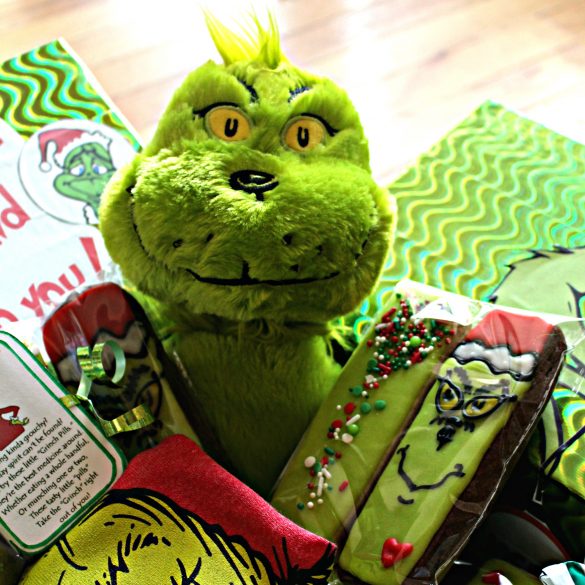 Stuffed green Grinch inside the corner of a care package.