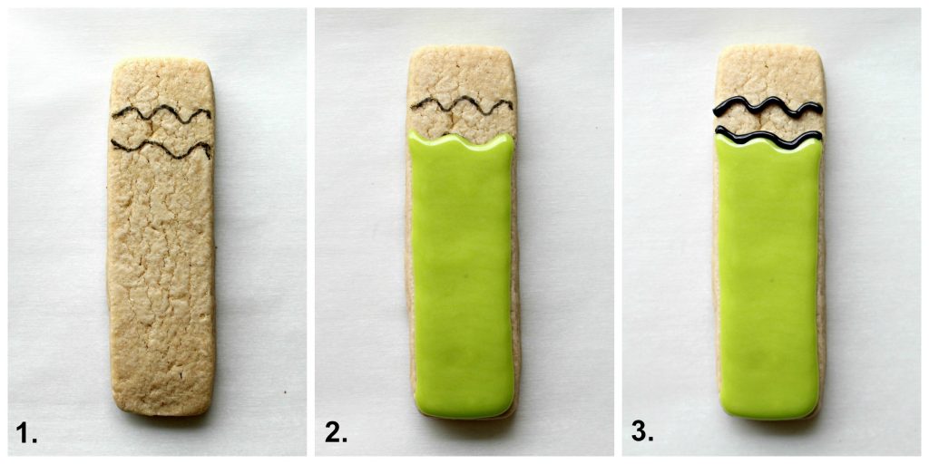 Image collage decorating Grinch cookie: draw hat lines, ice green below lines, black icing on lines.