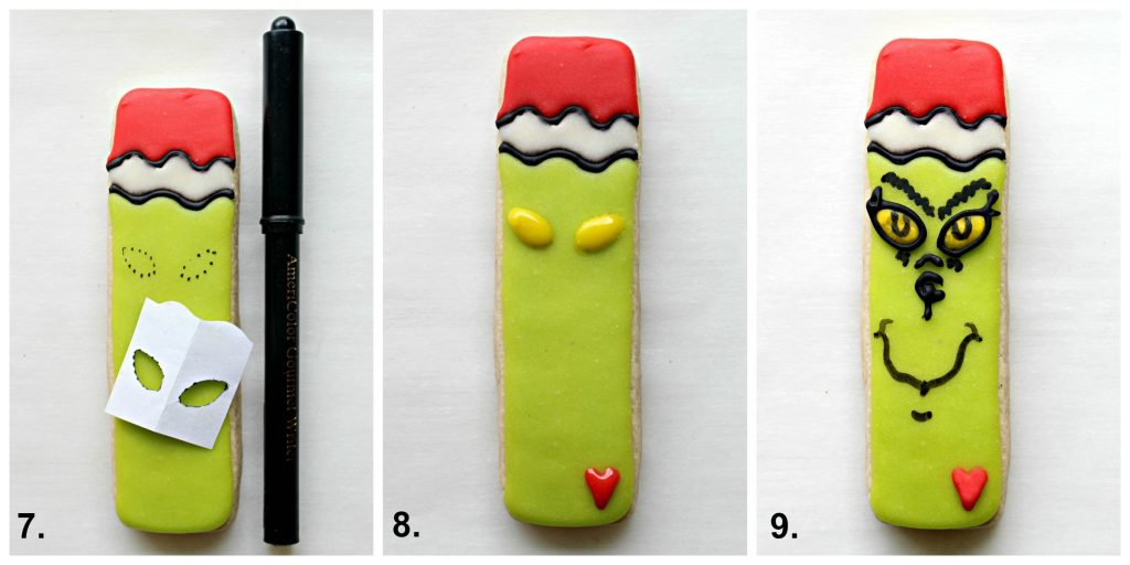 Step by step image collage decorating Grinch Cookies: trace eyes, add yellow, add heart and  details.