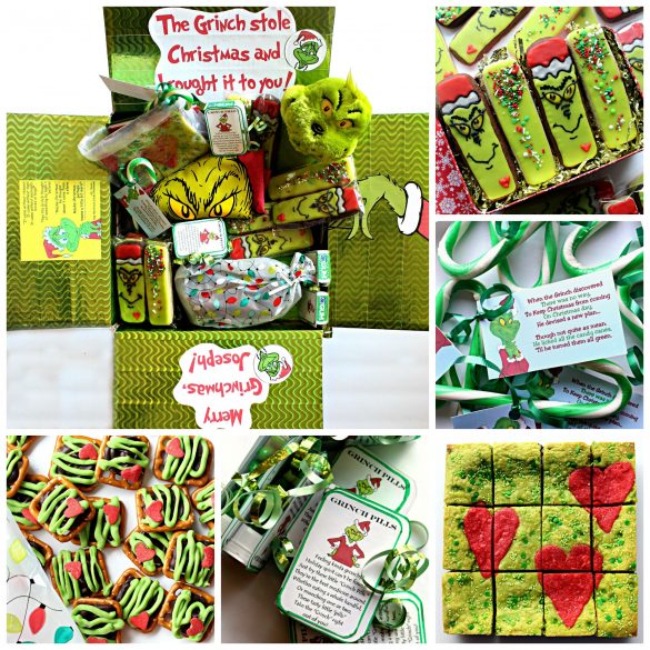 Image collage of the Grinch Care package and the  cookies, candy canes, brownies, and pretzels inside.