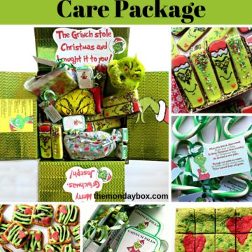 Image collage showing the Grinch Care Package and the cookies, brownies and candy that go inside.