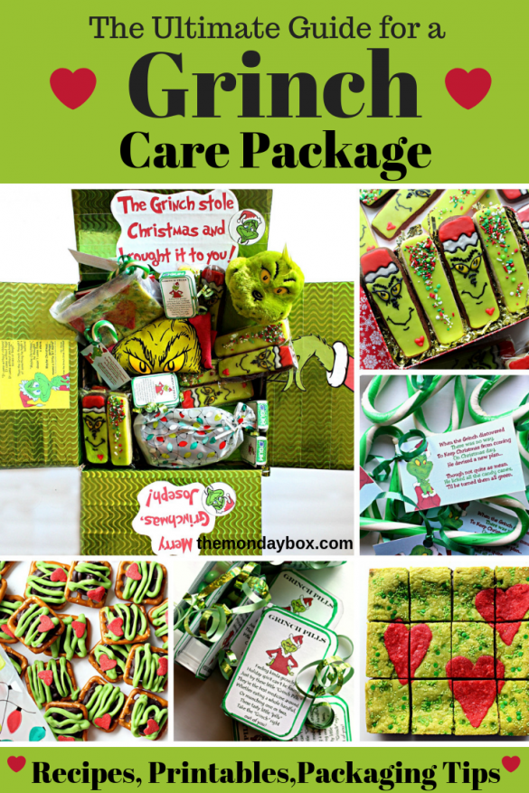 Image collage showing the Grinch Care Package and the cookies, brownies and candy that go inside.