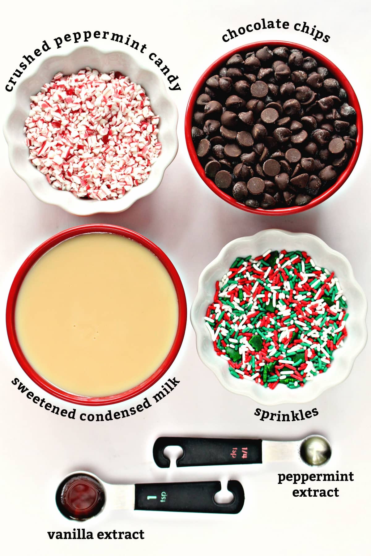 Peppermint Fudge ingredients collage with text labels for crushed peppermint candy, chocolate chips, condensed milk, sprinkles.