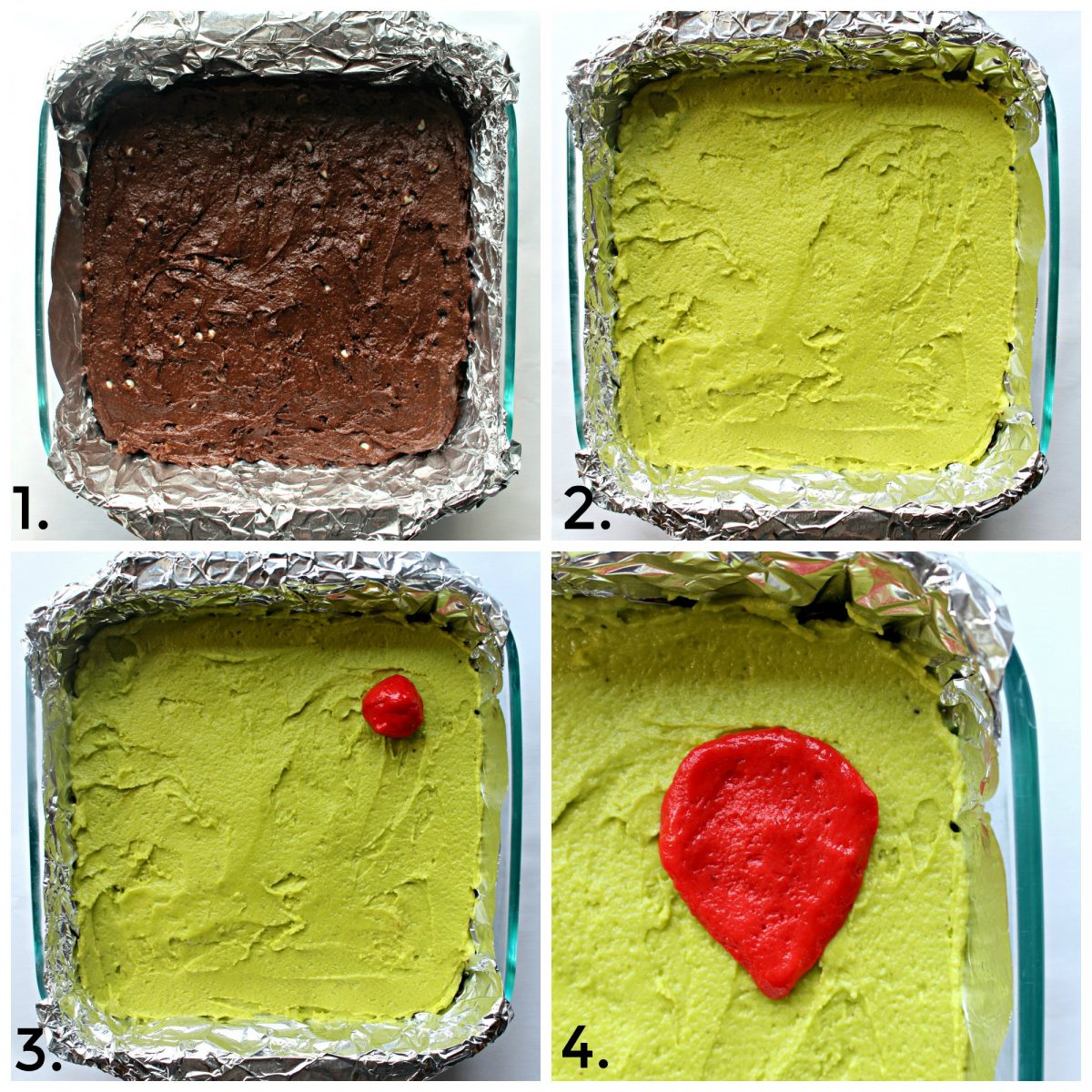 Steps 1-4 for making Grinch Brownies
