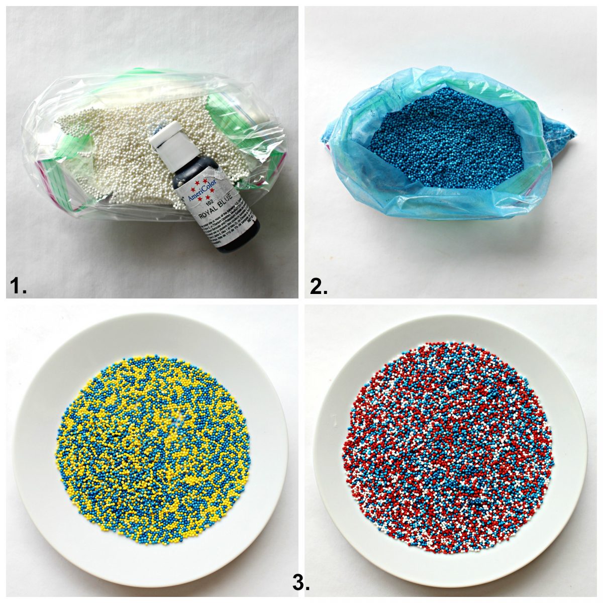 Image collage showing how to turning white nonpareils into custom colored sprinkles.