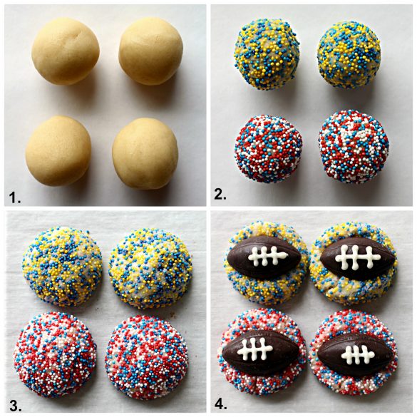 Image collage for decorating Shortbread Thumbprint Cookies with sprinkles and chocolate footballs.