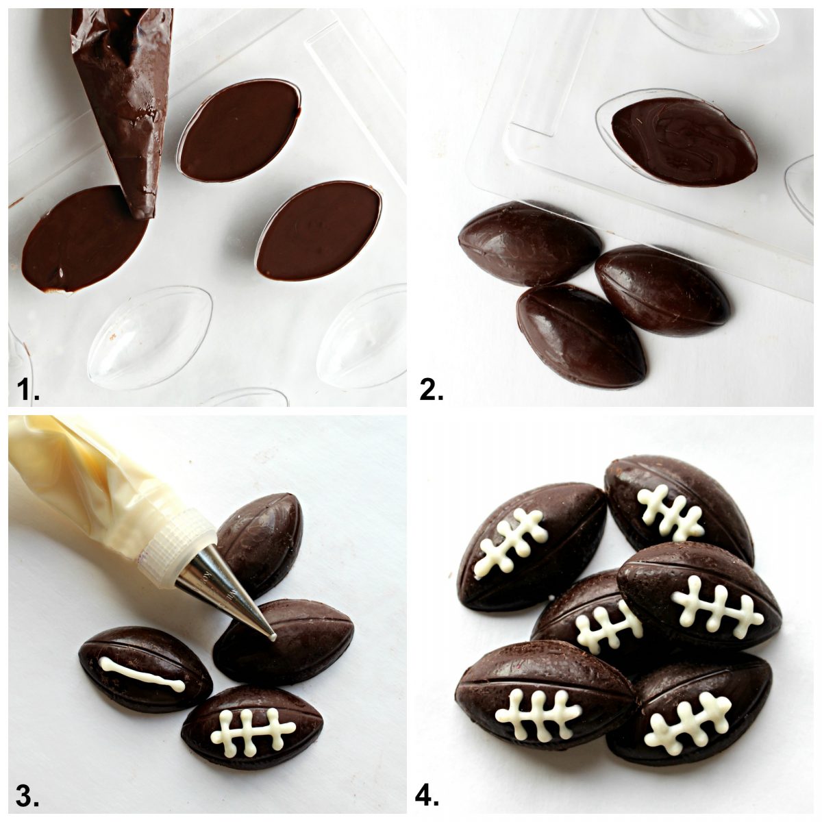 Step by step collage making homemade chocolate footballs with a mold.