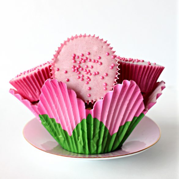 pink peanut butter cups in flower shaped cupcake liner