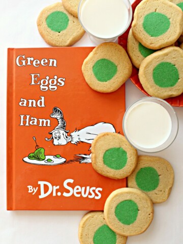 Green Eggs and Ham book with Green Eggs and Ham Cookies and milk