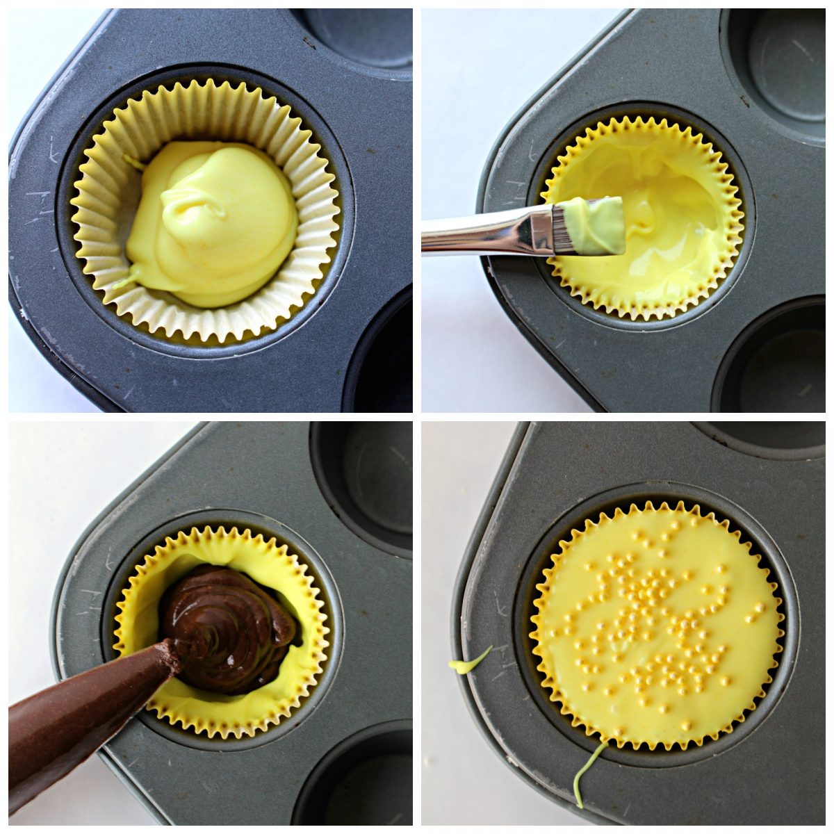 Instructions showing colored chocolate in cupcake paper, chocolate spread with a brush, filling, topped with chocolate.