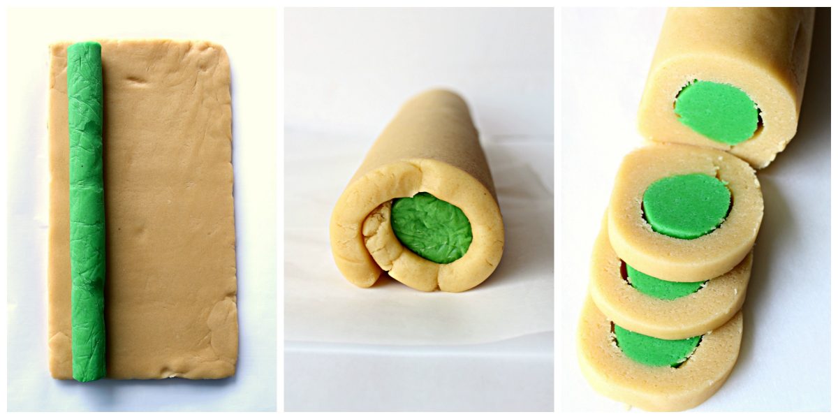 Images making the dough log: green dough log on white dough rectangle, roll up, slice.