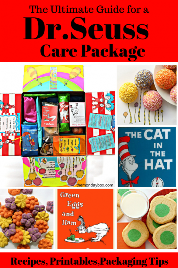 Collage of photos showing the inside of the care package with the flaps of the box decorated from Seuss books.