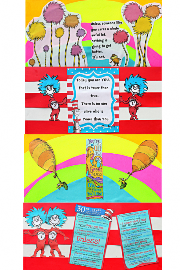 Inside box flaps decorated with Dr. Seuss characters and quotes