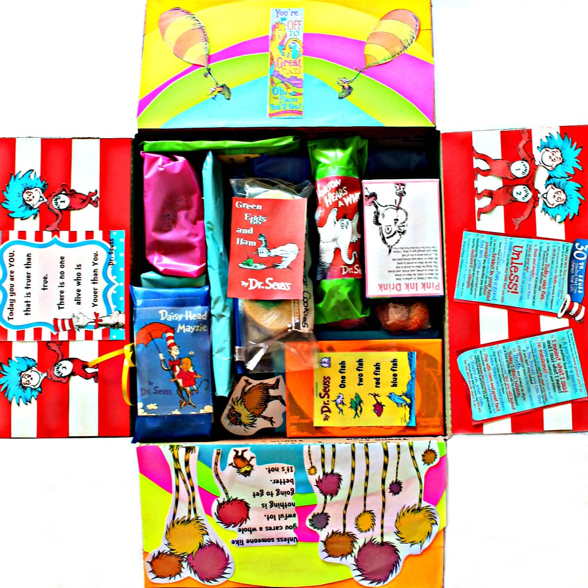 A colorful box with Dr. Seuss-themed snacks and treats, decorated with illustrations and bright stripes. Books like Green Eggs and Ham and Daisy-Head Mayzie are featured among the items.