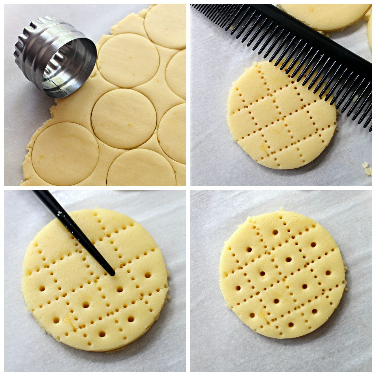 Instructions images showing cutout cookie rounds,  comb embossed grid lines, poke holes in each grid square.