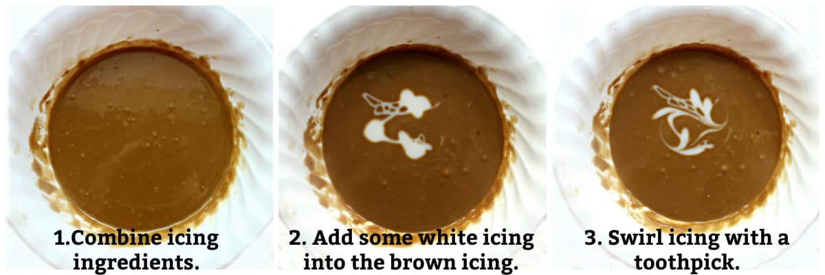 Icing instructions: combine ingredients, add some white icing to the coffee icing, swirl minimally with toothpick.