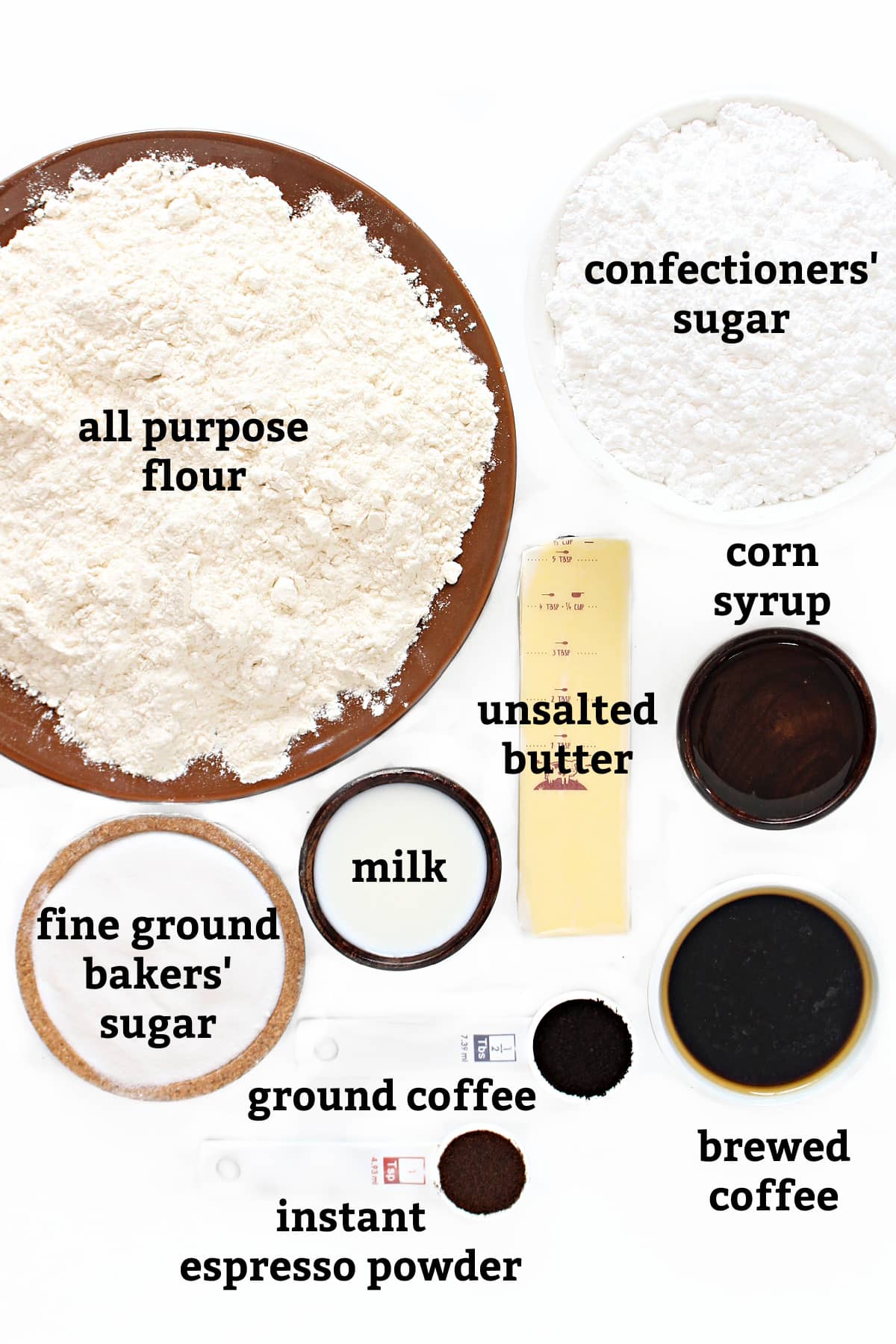 Ingredients: flour, powdered sugar, bakers sugar, milk, butter, corn syrup, ground coffee, espresso powder, brewed coffee.
