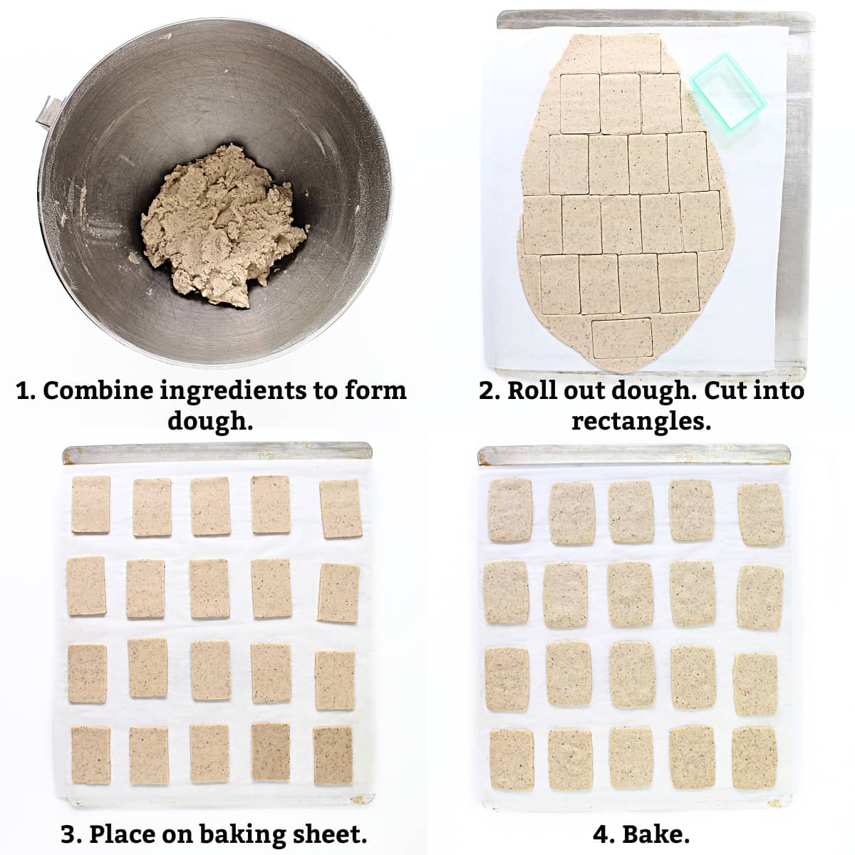 Cookie instructions: mix ingredients, roll out, cut out rectangles, place on parchment lined baking sheet, bake.