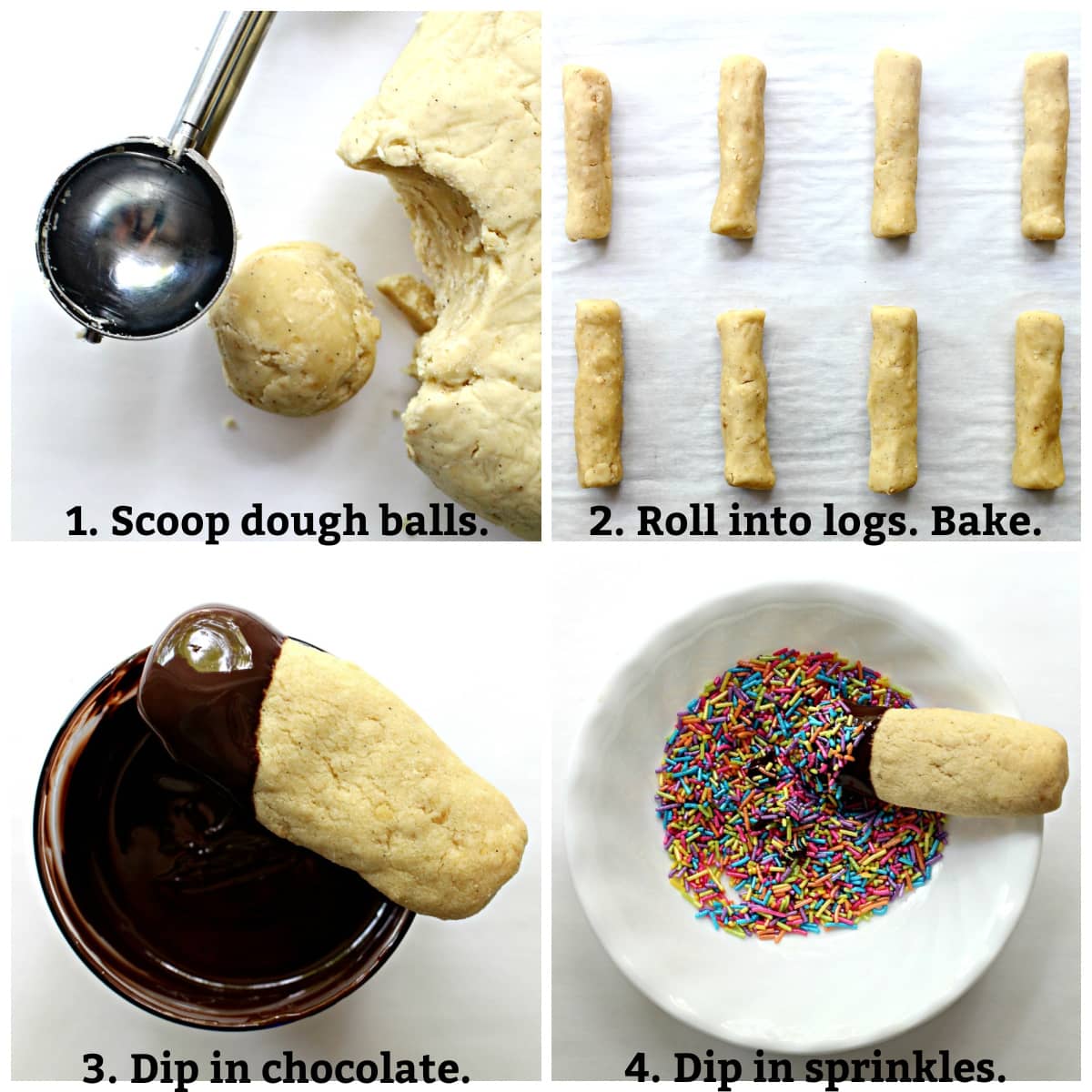 Collage for making cookies; scoop dough balls, roll into log shapes, bake, chocolate dip, sprinkles.