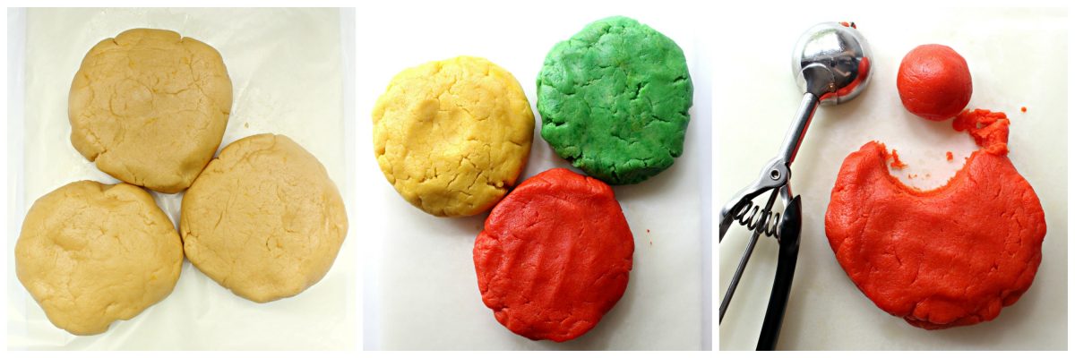 Instructions: three portions white dough, three dough portions colored yellow, green, orange, scoop into dough balls.