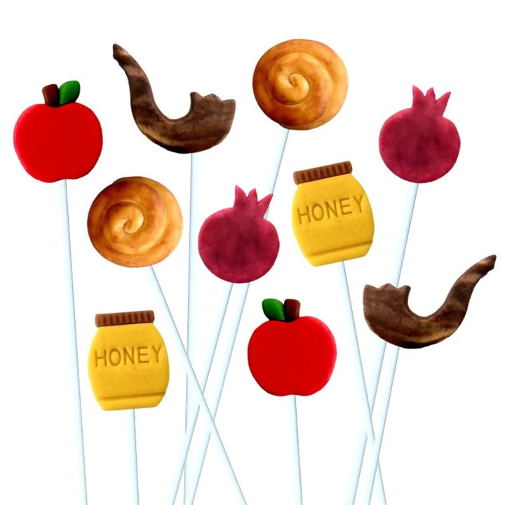 marzipan lollipops in Rosh Hashanah shapes