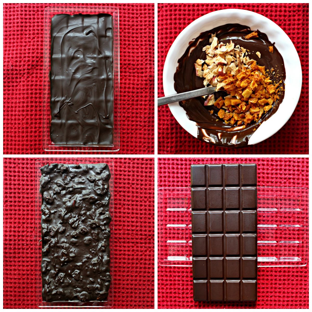 Step by step images collage making  chocolate bar adding apple honeycomb layer to plain layer.