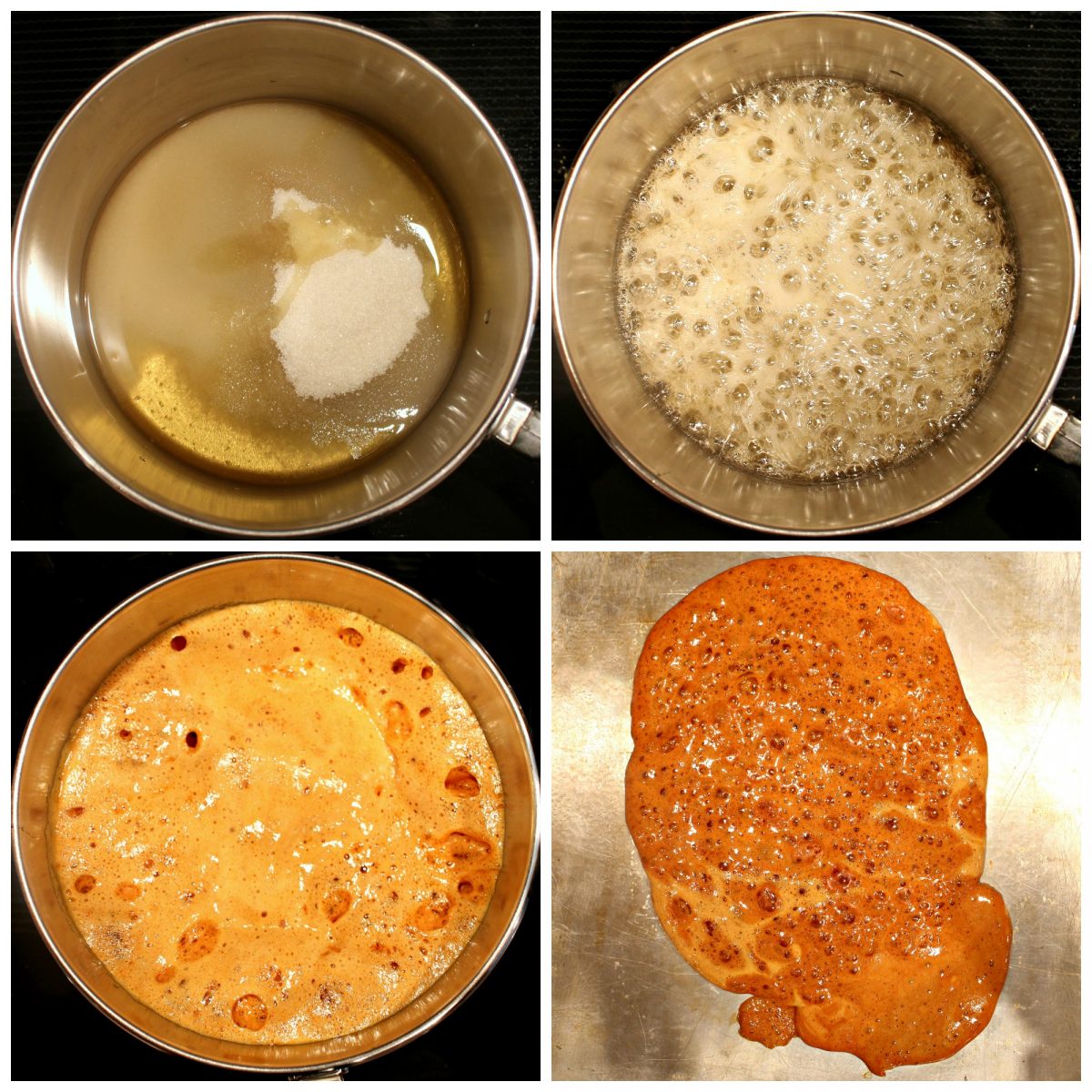 Step by step images collage for making honey comb candy in a saucepan.