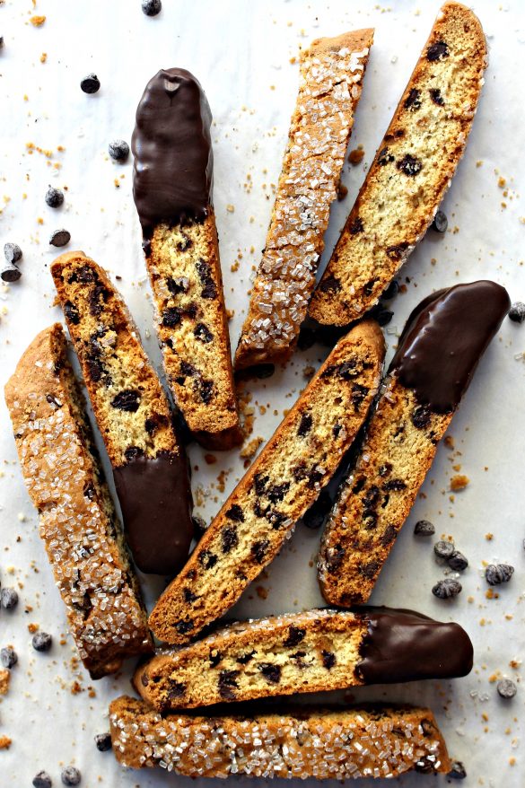 Chocolate Chip Biscotti with one end dipped in chocolate