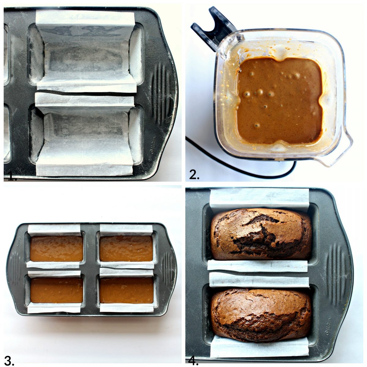 Collage of instructions; line pan, blend ingredients, pour into pan, bake.