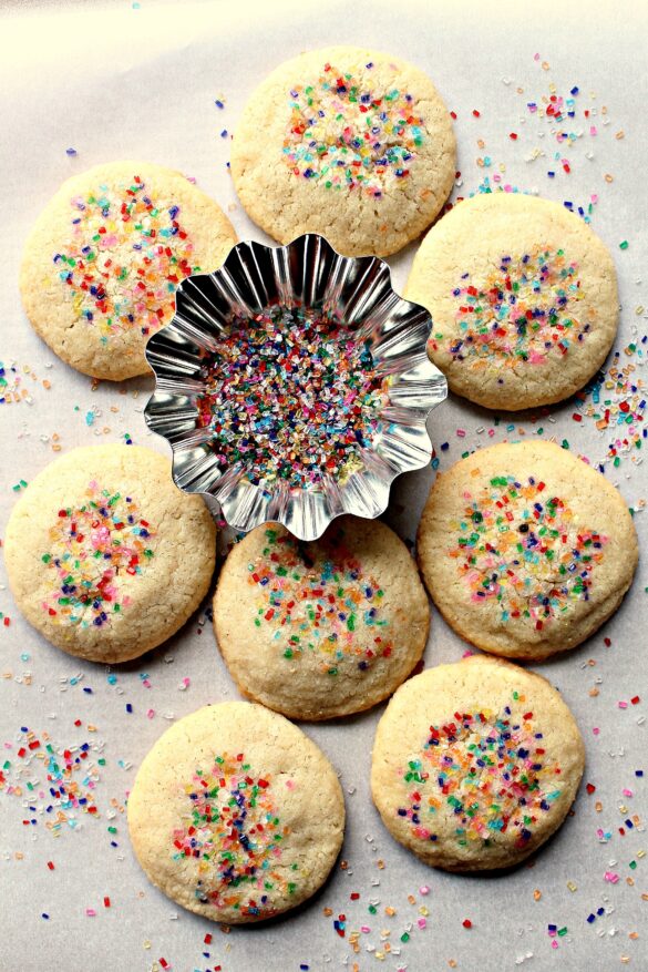 Vanilla Bean Shortbread Cookies with multicolored sugar sprinkles.