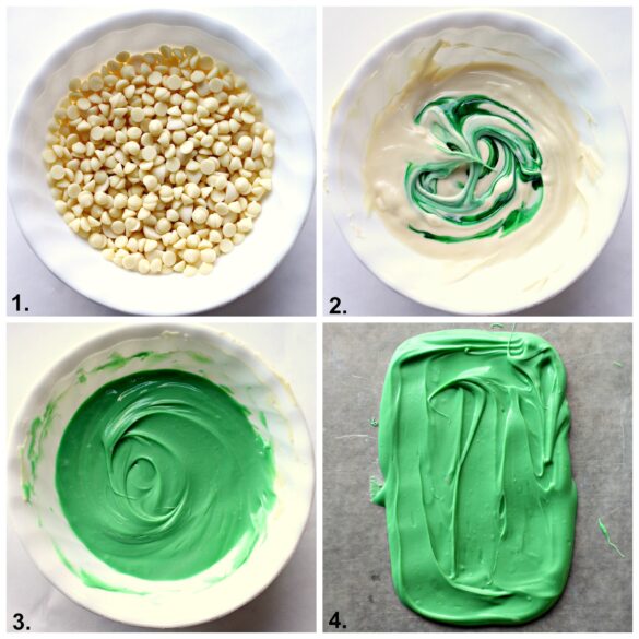 Step by step images collage making green colored white chocolate.
