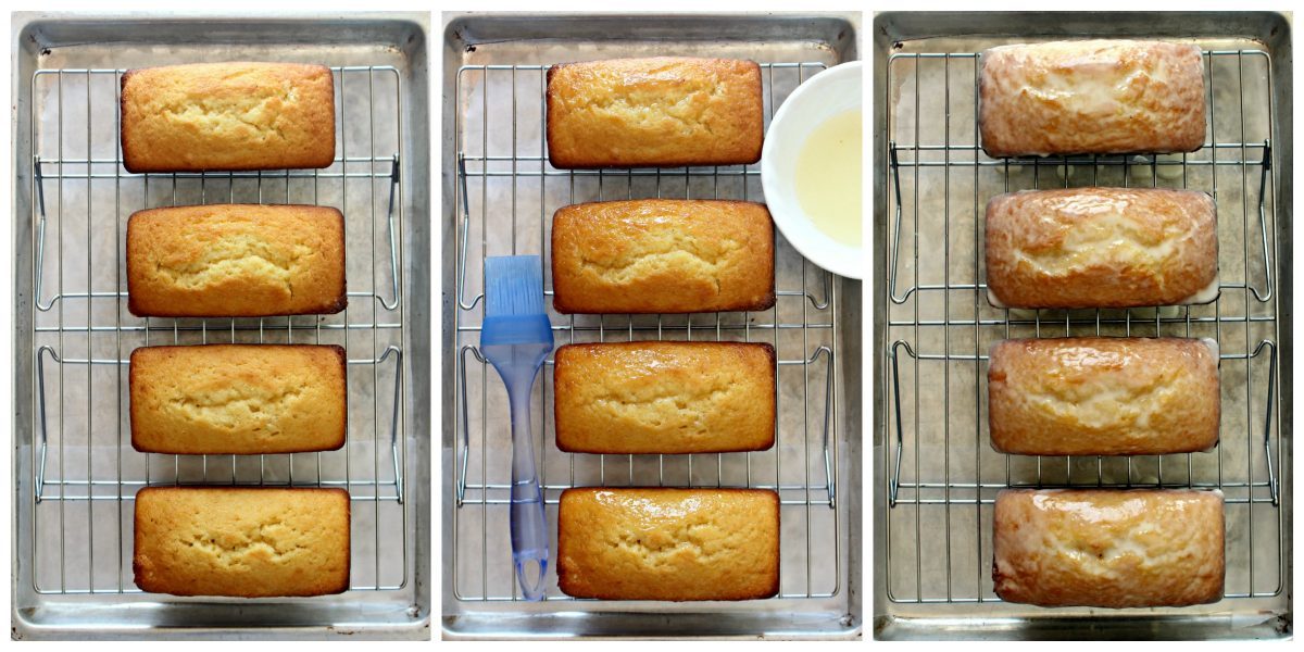 Collage of icing the loaves: set loaves on rack, brush with syrup, top with glaze.