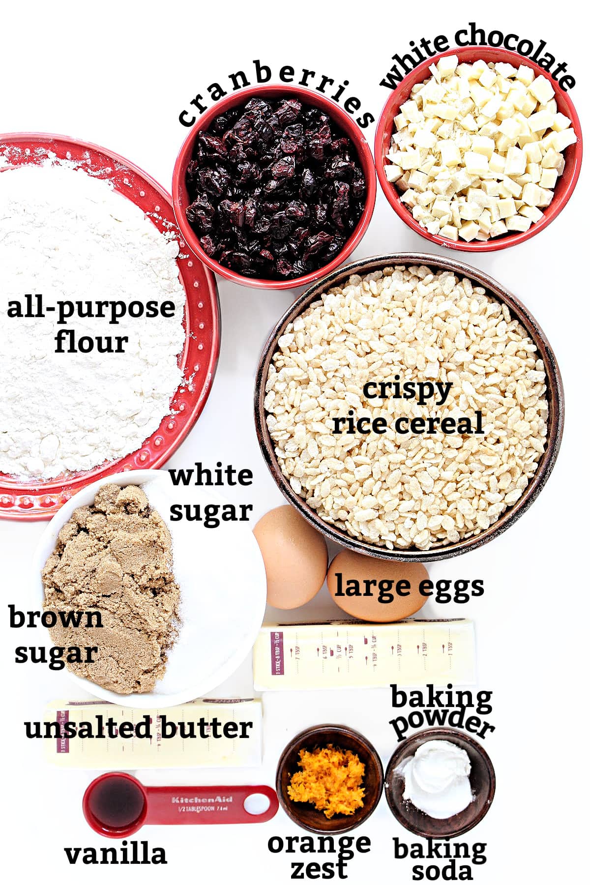 Recipe ingredients labeled: flour,  cereal, brown/white sugar, eggs, butter, vanilla, orange zest, baking powder/soda.