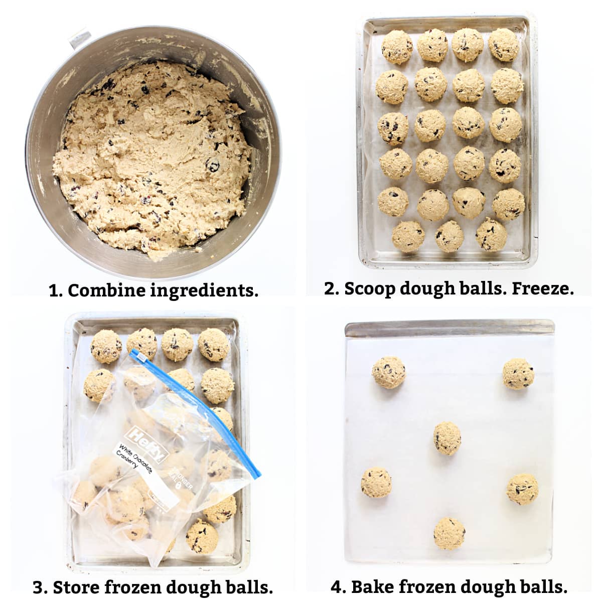 Instructions labeled; combine ingredients, scoop dough balls, freeze, store or bake frozen dough balls.