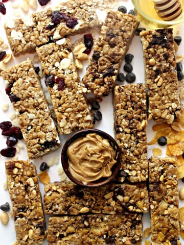 Chewy Crunchy Granola bars surrounded by ingredients.
