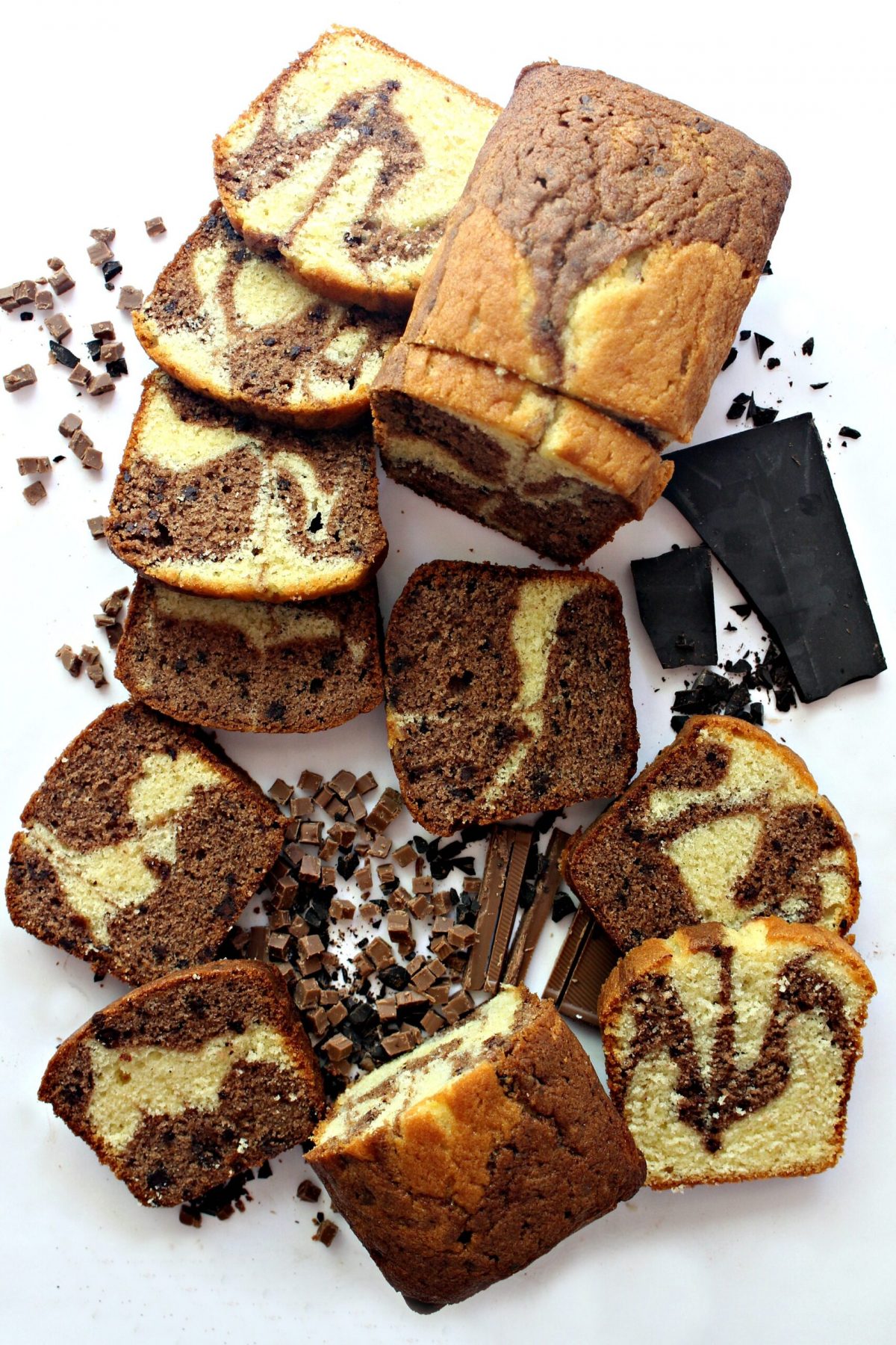 Chocolate Marble Pound cake, with caramel and chocolate swirls, cut into slices.  