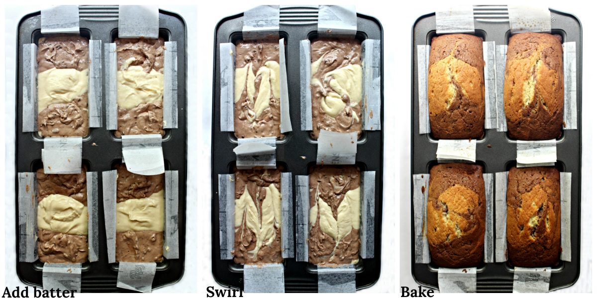 Process of batter and cakes in the pan with text overlay; add batter, swirl, bake.