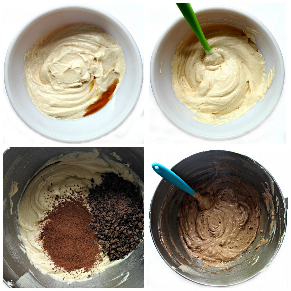 Process collage showing batter with vanilla added and batter with cocoa and chocolate added.