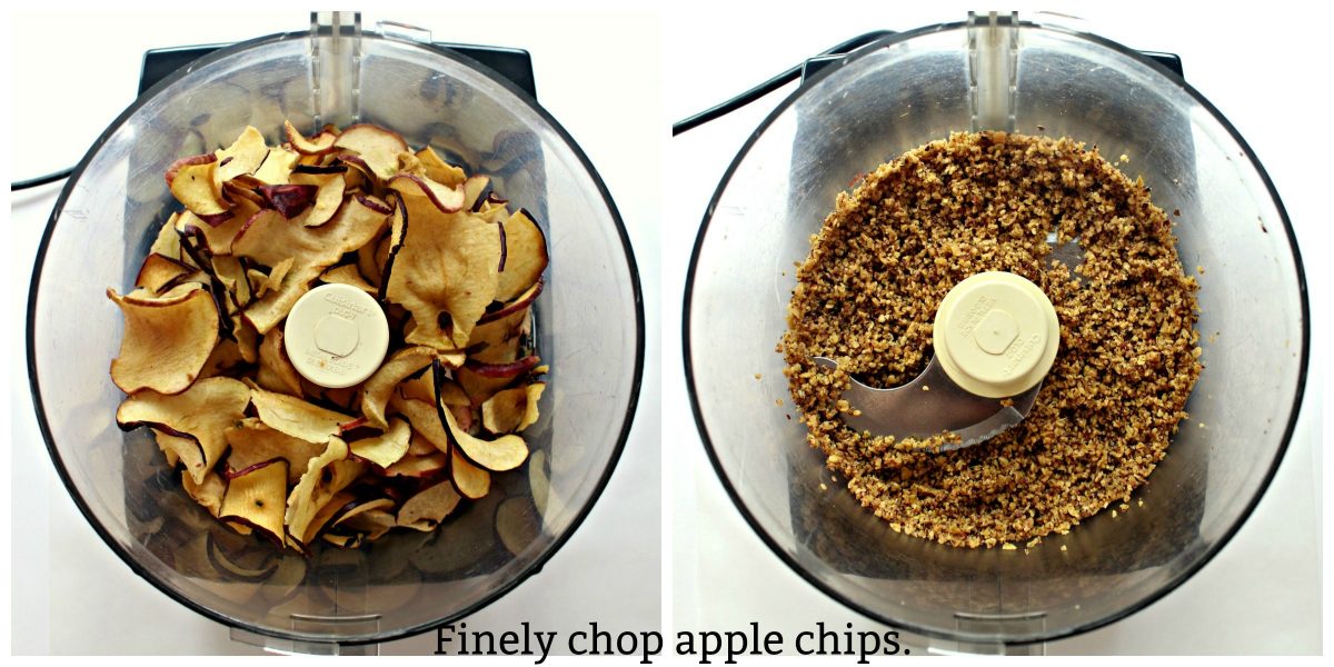 Collage of images showing chopping apple chips in food processor bowl.