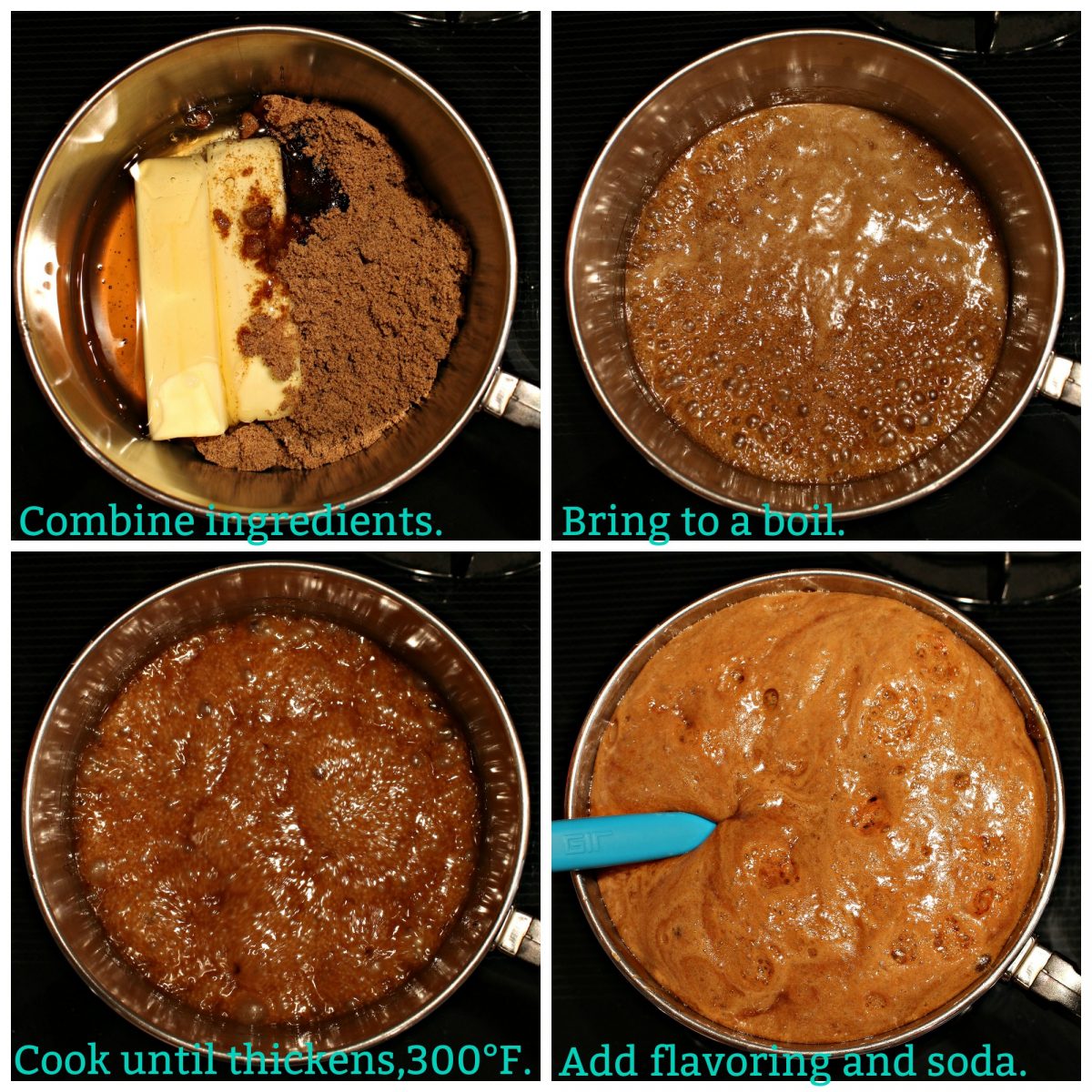 Collage with text overlay of honey caramel process; combine ingredients, boil, thicken, add flavoring and soda.