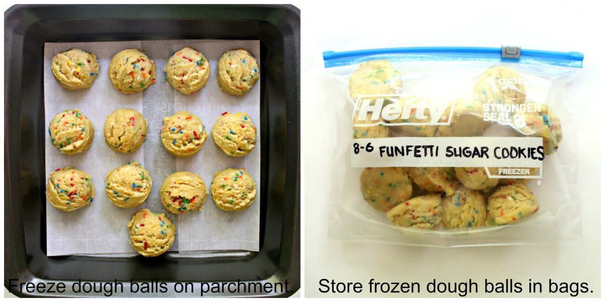 Collage with text overlay and step by step images of dough freezing process