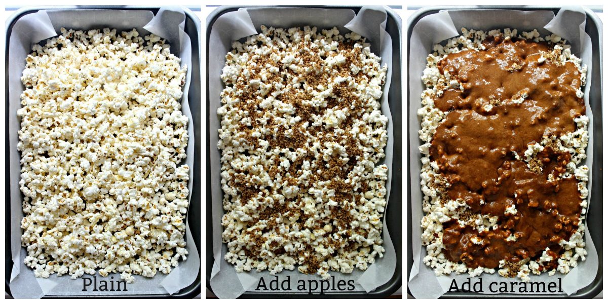 Collage with text overlay of popcorn coating process; plain popcorn, add apples, add caramel.