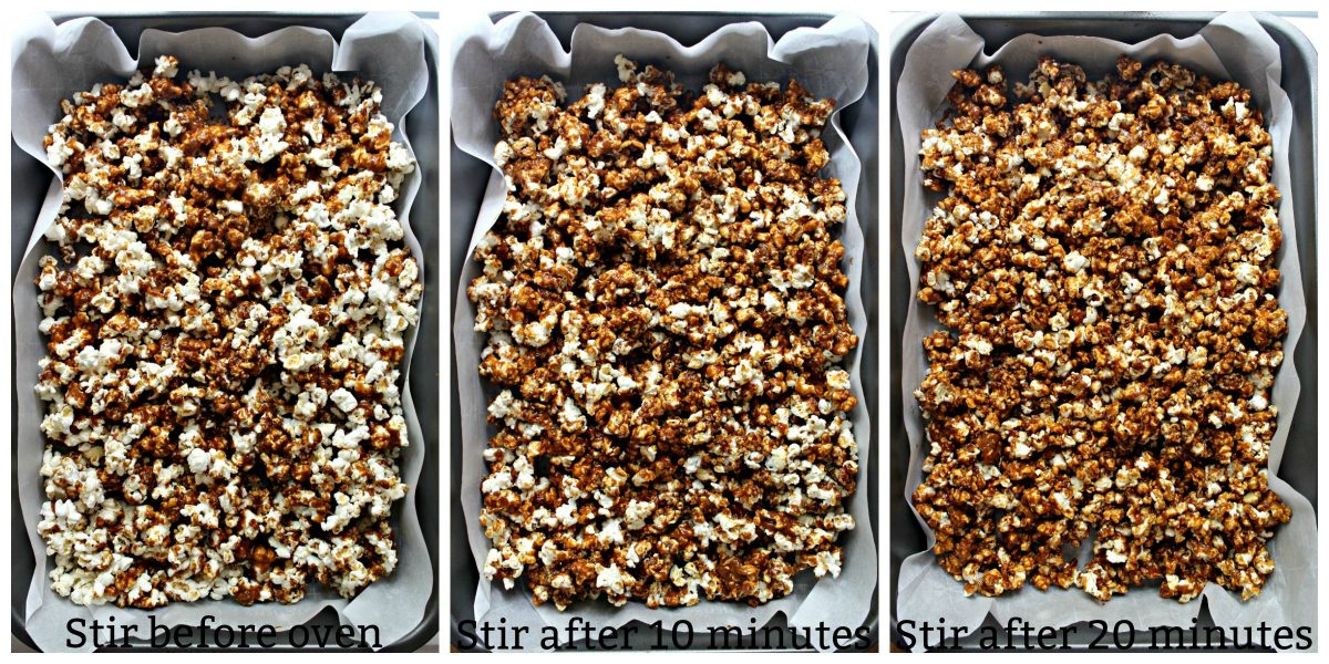 Collage with text overlay popcorn coating process: popcorn with caramel before oven, after 10 minutes, after 20 minutes.